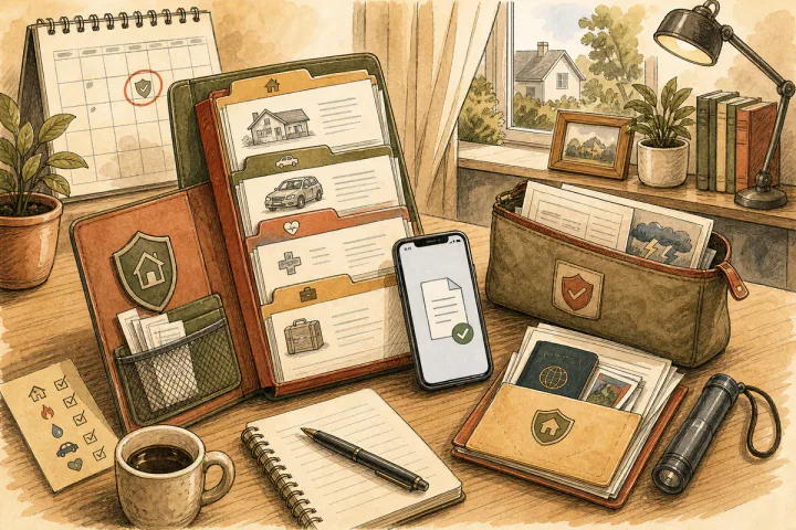 Sketch illustration of organised policies and offline-saved documents ready for a sudden claim