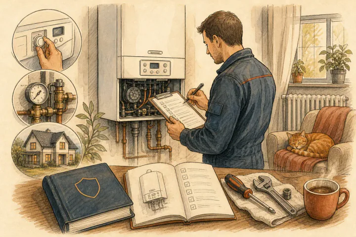 A service technician at a gas boiler — annual heating system inspection in a single-family home