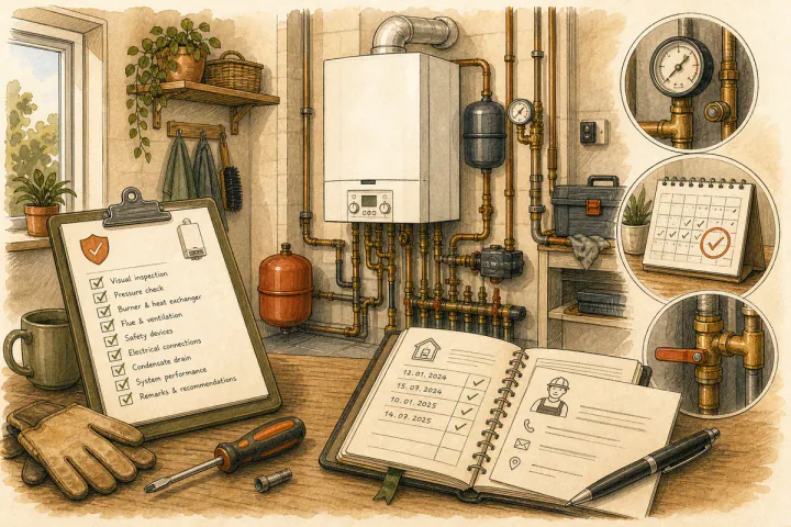 Sketch illustration of a home boiler room with a service checklist and history of technical inspections