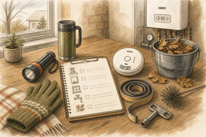 Szkicowa ilustracja zimowej checklisty domu z czujką czadu, latarką, uszczelkami, liśćmi z rynny i narzędziami serwisowymi